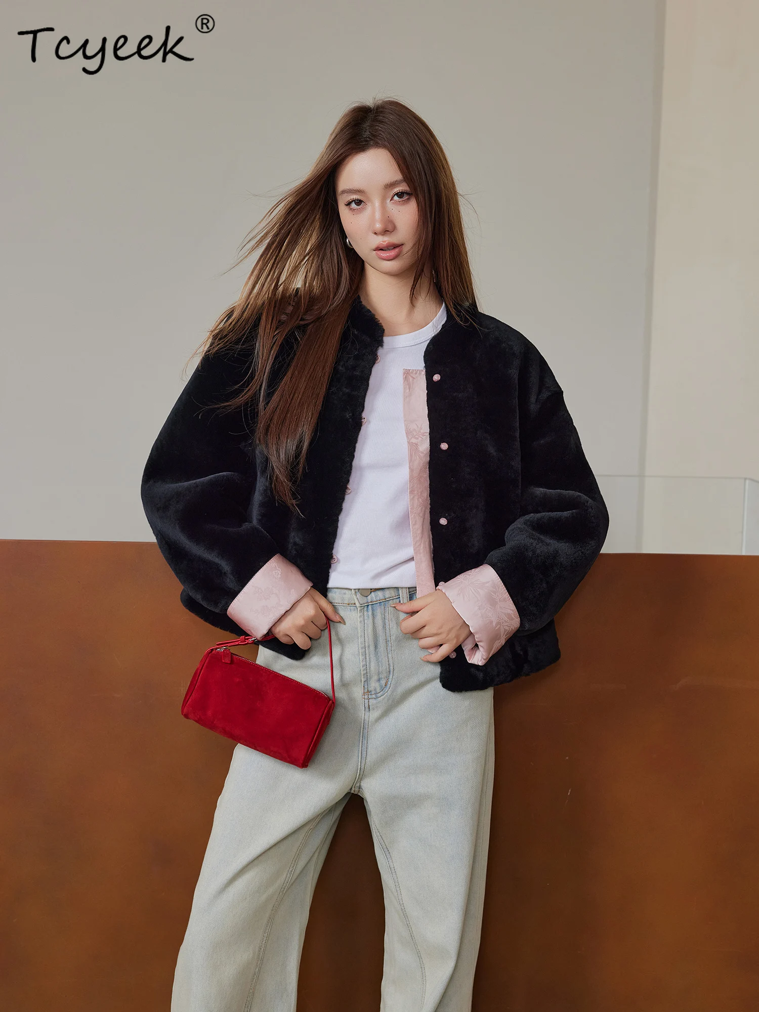 Tcyeek lã real outono inverno novo estilo chinês pele integrada gola curta casaco de pele de lã feminino fourrures femme