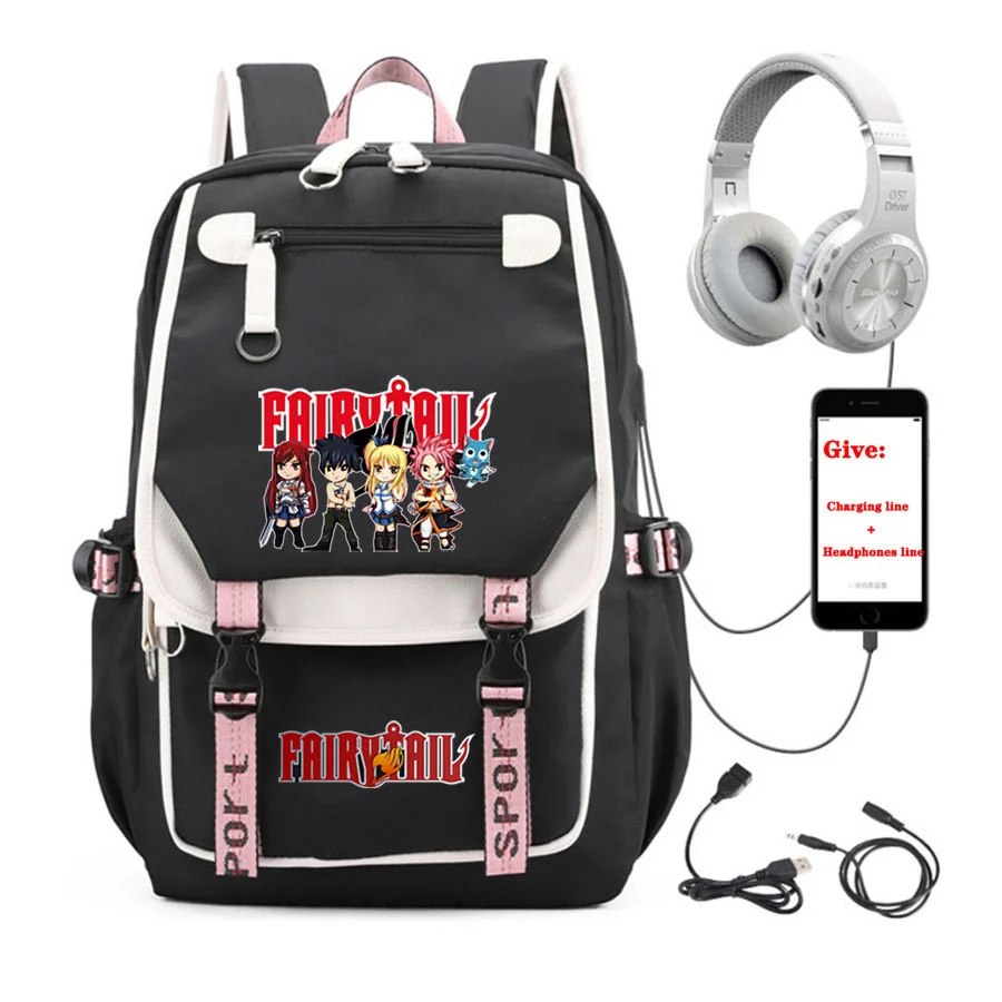 Anime Fairy Tail Mochila, Unisex Travel Bag, Saco do livro da escola, Carregamento USB, Adolescentes, Adolescentes, Estudante