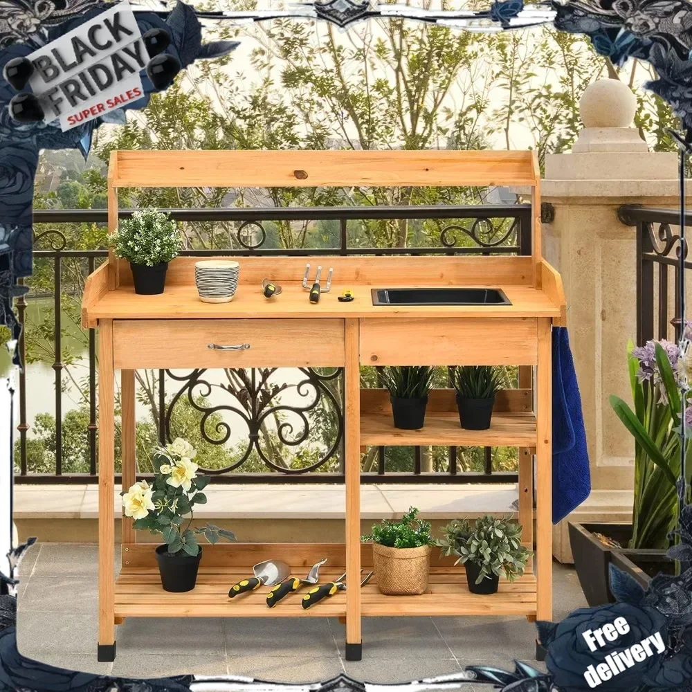 

Outdoor Potting Bench, Wooden Workstation Table w/Removable Sink, Tools Drawer, 3 Tier Open Shelf & 3 Side Hooks