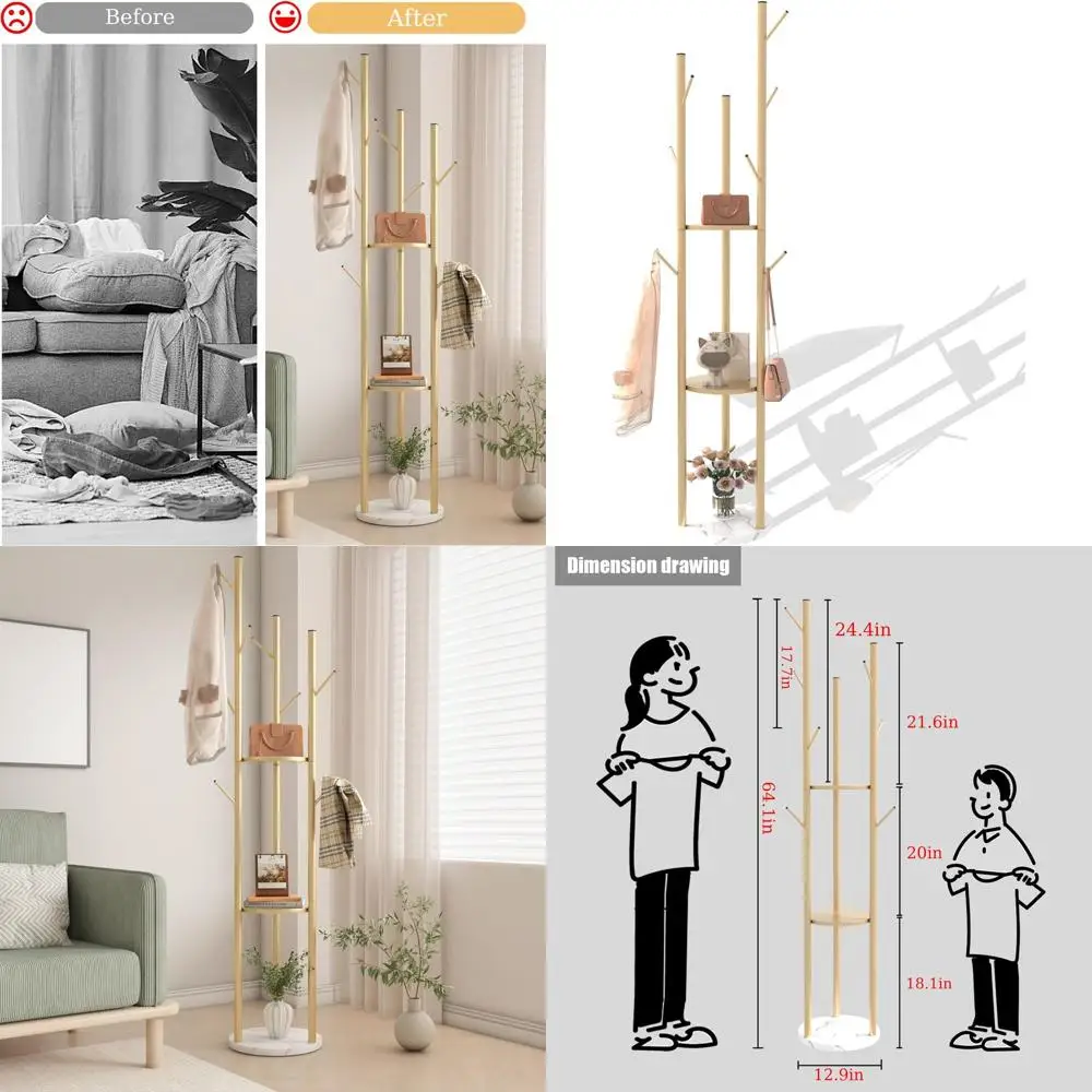 

9-Hook Gold Freestanding Coat Rack with Marble Base and Shelves for Modern Entryway, Living Room, and Bedroom