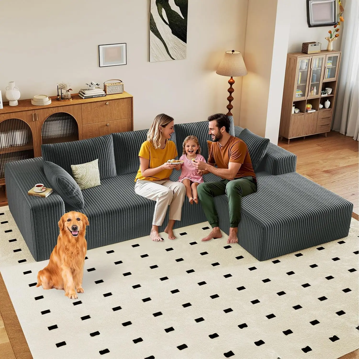 

Модульный секционный диван 96 дюймов, современный вельветовый диван-облако с глубоким сиденьем, бескаркасный диван с обивкой, 3-местный, на заказ