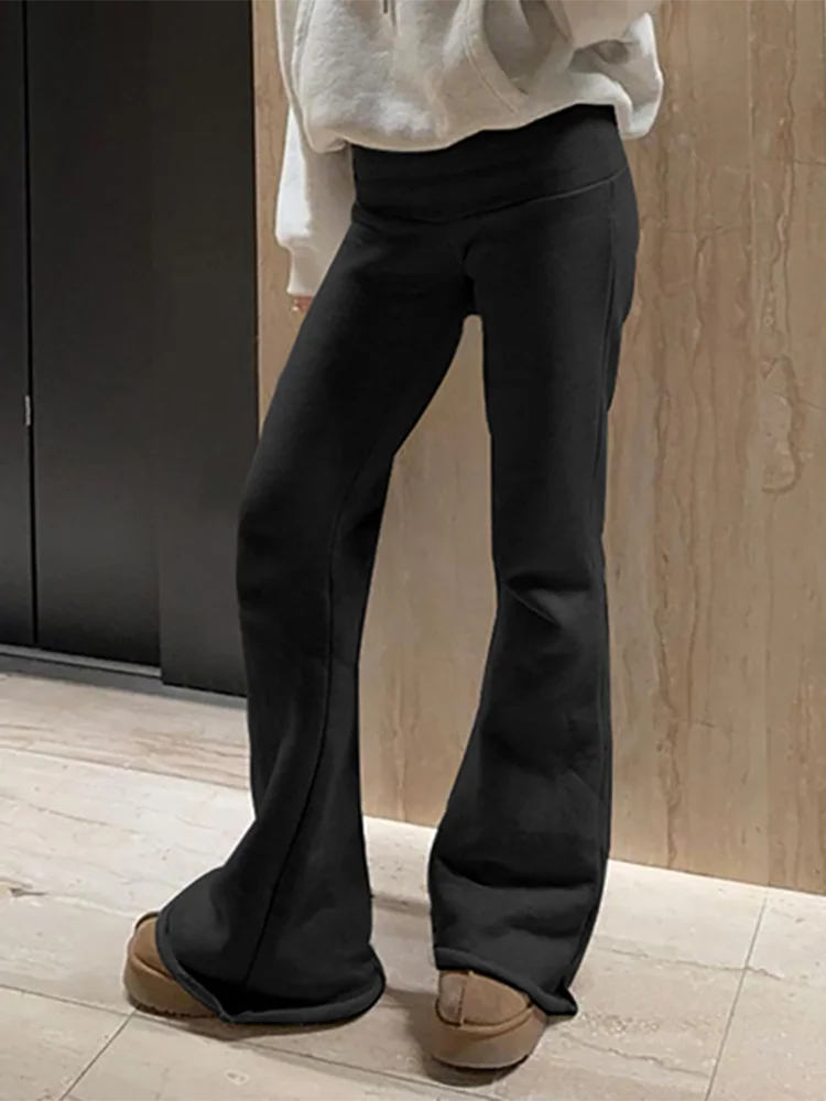 Absobe American Casual Flare Pants Women Low Rise Spliced Solid Fleece Slim Versatile Trousers Hottie Fashion Winter Streetwear