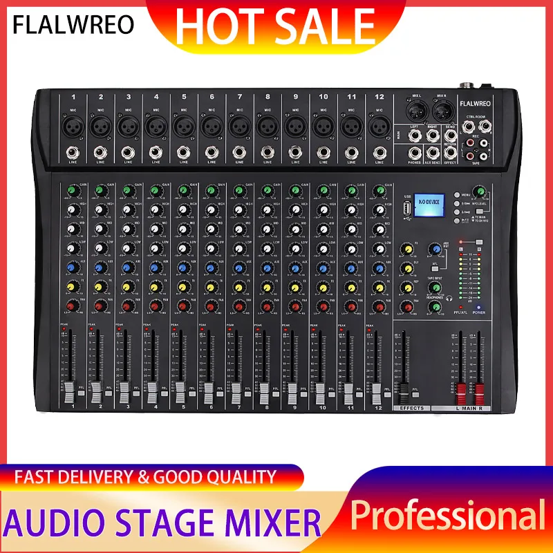 

FLALWREO Professional Mixing Console With Effects Bluetooth 12 Channel Stage Performance KTV Wedding USB Reverb