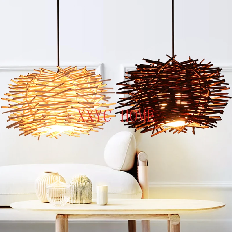 

Handmade Rattan Wicker Wood Bird Nest Pendant Lamps Nordic Creative Restaurant Cafe Living Room Kitchen hanging lamp Lighting