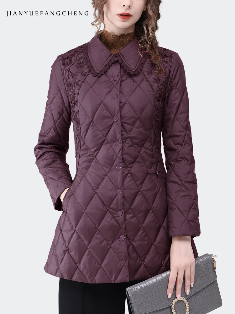 Mid-length Down Jacket Women Winter New Vintage Chinese Style Embroidered Purple Duck Down Coat Warm Lightly Slim Long Jackets