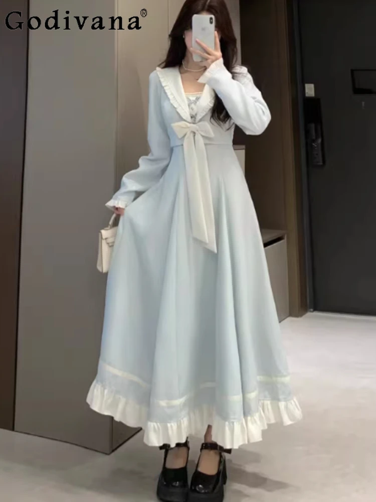 

Large Size College Fake Two-piece Sweet Bow Fashion Dresses Women Spring Loose High Waist A-line Long Sleeve Navy Collar Dress