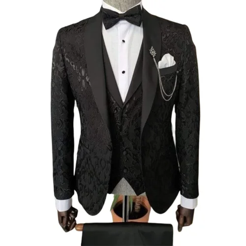 Imagen 2 del producto Trajes de boda de lujo para hombre, 3 uds., hecho a medida, Floral, moda, esmoquin, chaqueta negra con chaleco, pantalones, disfraz masculino 2025