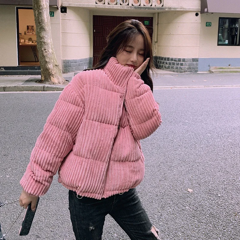 Korean-style Loose Down Cotton Padded Coat for Women Winter Style in 2025 Short Padded Jacket Corduroy Puffer Coat Outerwear