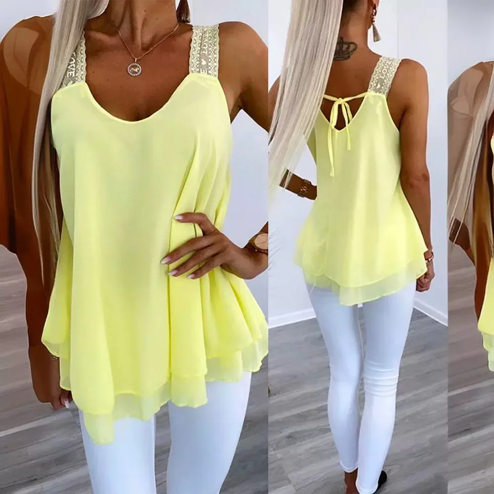 

Love Heart Pattern Contrast Lace Layered Chiffon Tank Top Sleeveless Solid Color Camis Tanks Tops Summer O Neck