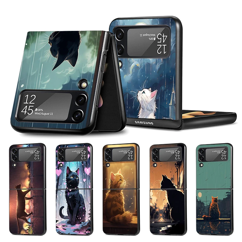 Anime Cat Rain Animal Z Flip 4 Phnoe Case For Samsung Z Flip 3 5 5G Black Hard Shell Galaxy ZFlip3 ZFlip4 ZFlip5 Unique Cover Lu