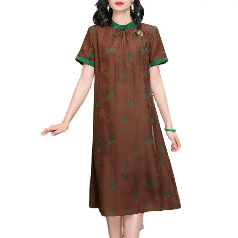 BirdTree, Watered Gazue, 100%Real Silk Elegant Dresses, Women Stand Collar Short Sleeve, OL Retro Dress, Spring Summer D44012QM