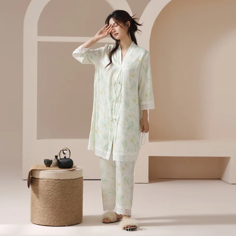 Crucii-Pyjama en soie glacée Newlook pour femme, style ethnique, haut de gamme, fin, ensemble de vêtements de maison, printemps