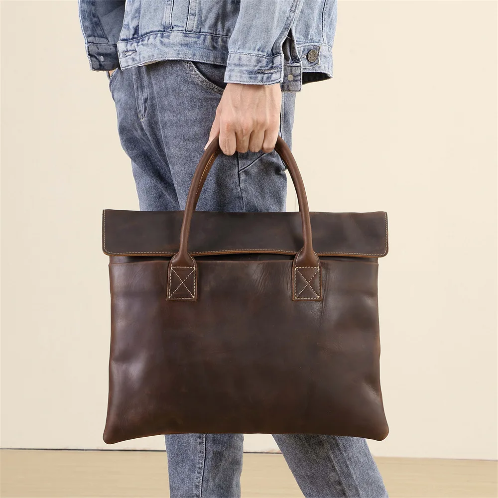 Mallette rétro en cuir pour hommes, sac à main décontracté, couche supérieure en cuir de vache, sac d'affaires pour tablette, pochette mince pour ordinateur portable 16 pouces