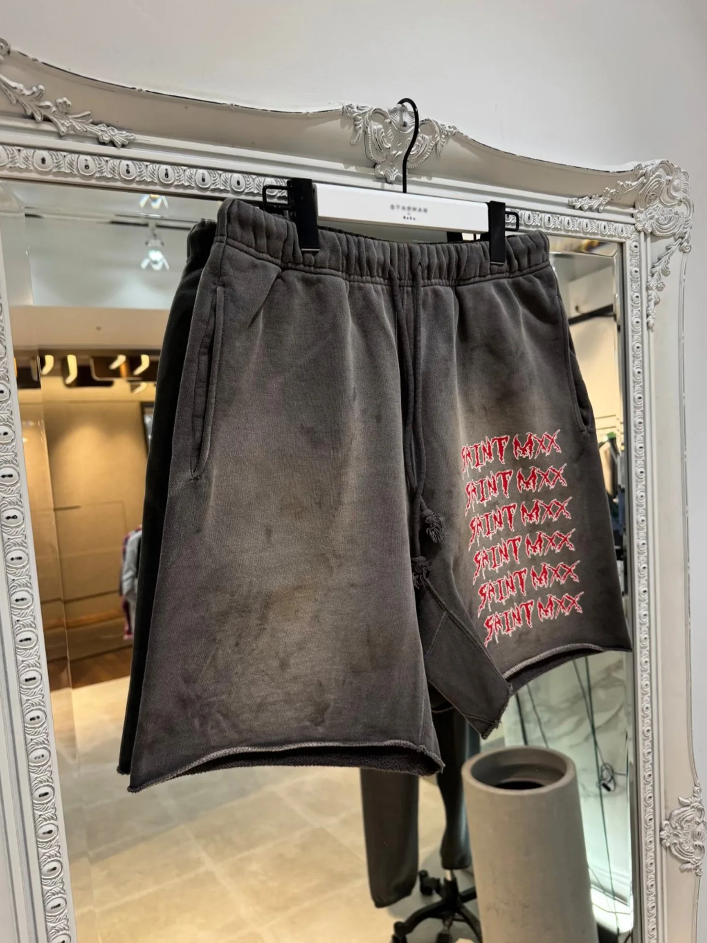 Saint Mx6 SS26 American Washed Distressed Elastic Drawstring Letter Print Washed Distressed Sport Shorts Men's Loose Fit Cotton