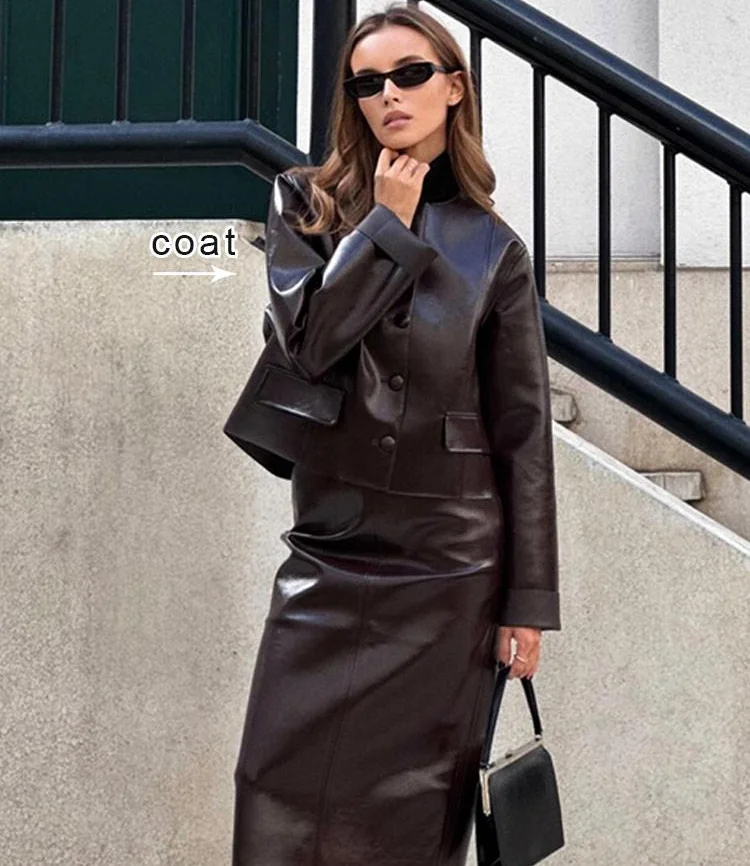 

Fashion Women Leather Sets 2 Piececs Lapel Single Breasted Package Hip Jacket Skirt Female Suit 2025 New Lady Jacket Skirt Sets