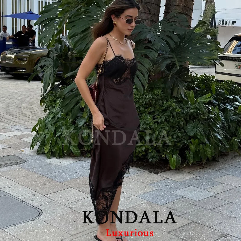 KONDALA Sexy Chocoladebruin Satijnen Kanten Jurk V-hals Corset Midi Feestjurk Mode 2025, Avondclub Nieuwjaar Elegante Jurk
