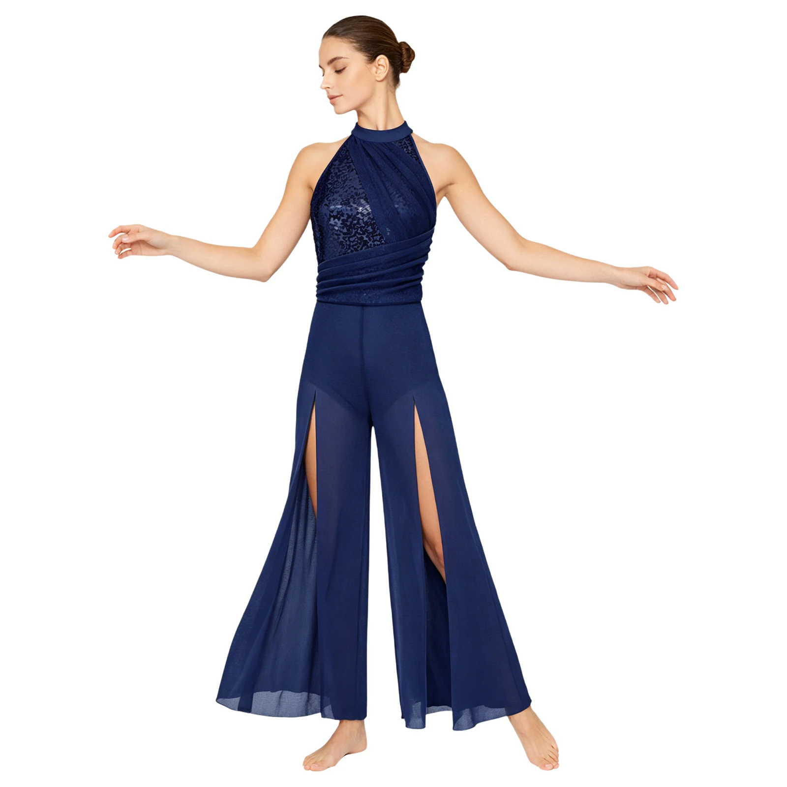 

Women Sleeveless Modern Lyrical Dance Jumpsuit Shiny Sequin Sheer Mesh Skating Gymnastics Acrobatics Ballet Wide-leg Bodysuit