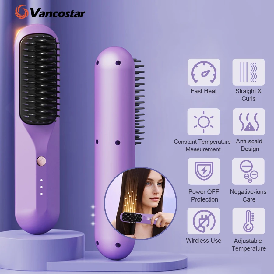 Cepillos de pelo eléctricos inalámbricos, cepillo alisador, peine térmico para mujeres, secador portátil de viaje y cepillo alisador Styler