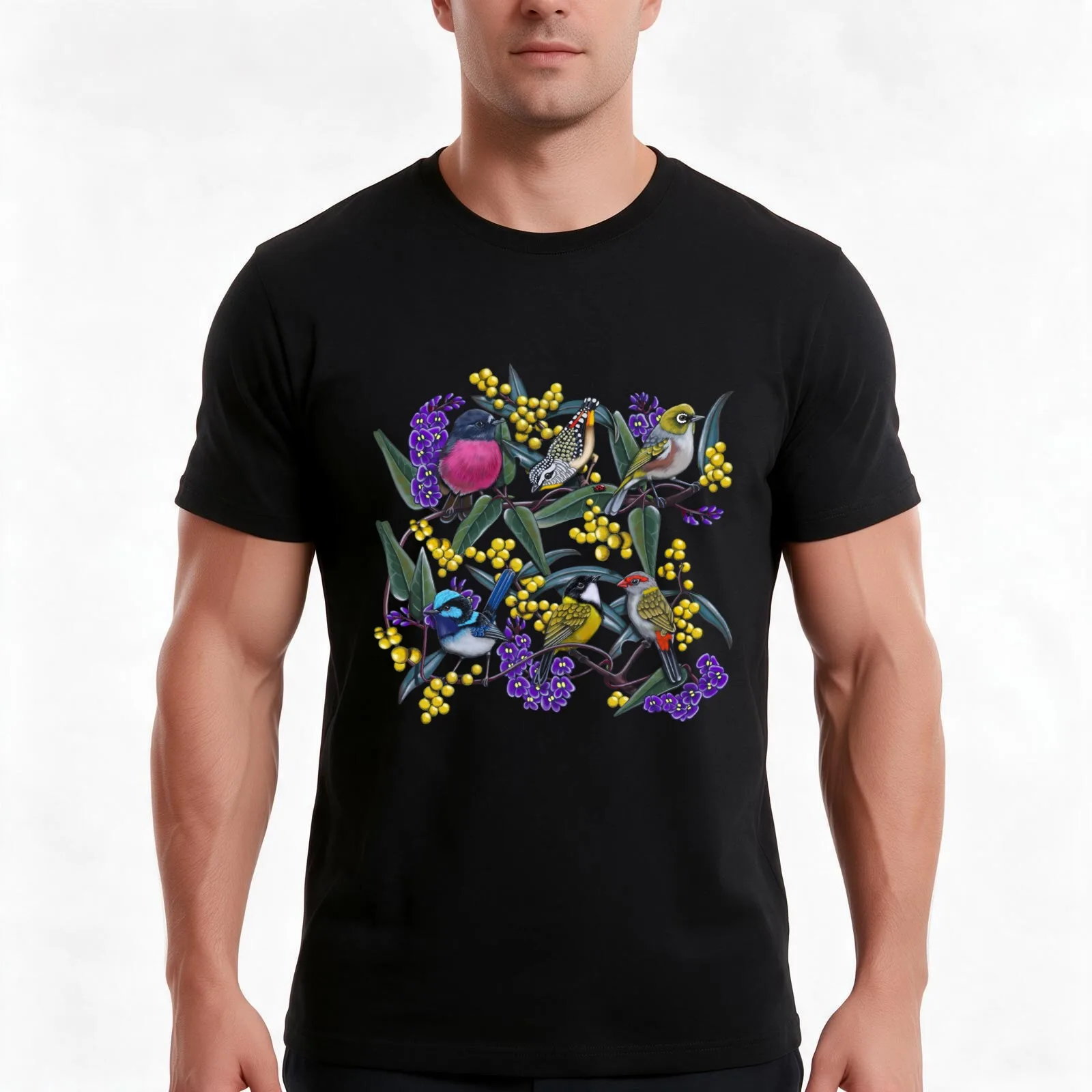 Small Bird Medley Repeated Pattern by Australian artist Laural Retz T-Shirt, Summer Casual Cotton Tee, Oversized Streetwear Tops