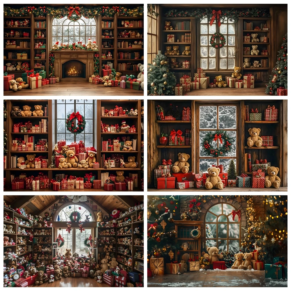 

Christmas Backdrop Xmas Tree Toy Bear Gift Wooden Bookshelf Window Kids Portrait Holiday Party Room Decor Photography Background