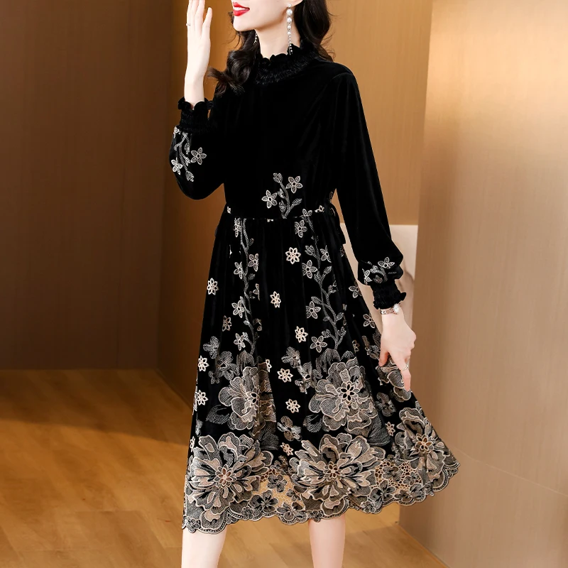 Women Luxury Elegant Festival Party Evening Dress Autumn Winter Black Velvet Long Sleeve Loose Dress 2024 Korean Vintage Dresses