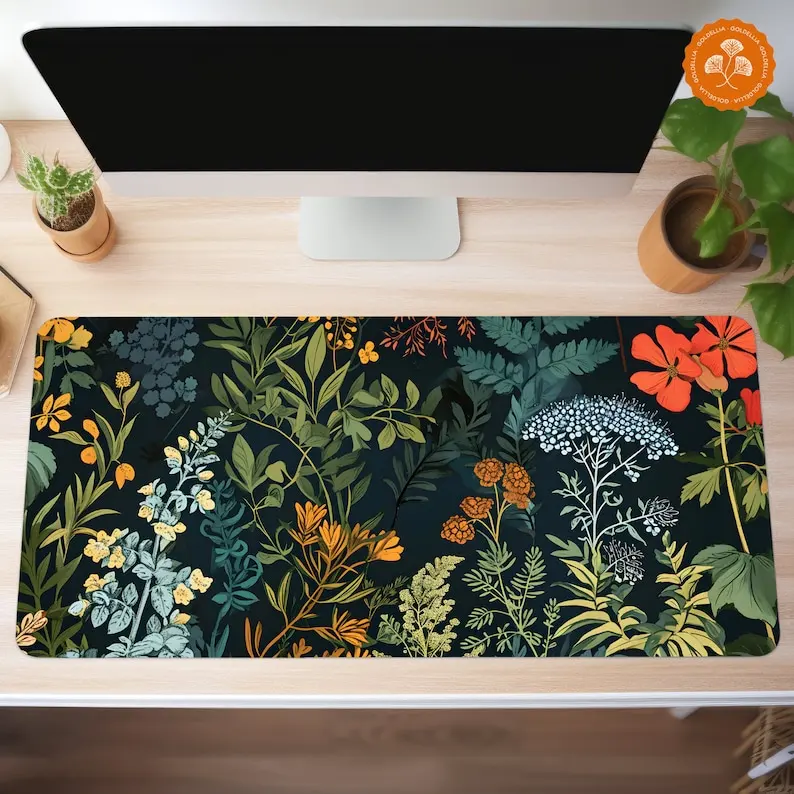 

Desk Mat Aesthetic Large Cozy Office Decor Dark Cottagecore Nature Vintage Botanical Garden Green Blue Plant Wild Plants Vibes