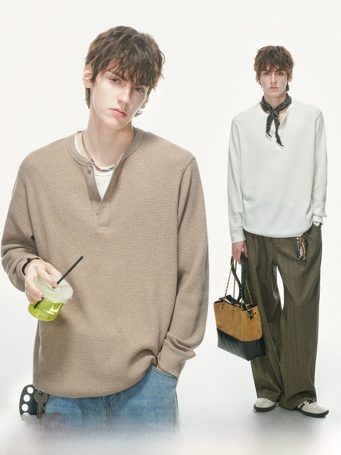 Dream Made Long Sleeve Henry Collar T-Shirt Men's Autumn Commute Base Layer Top Knitted Loose Fit Universal Size Youth Trend