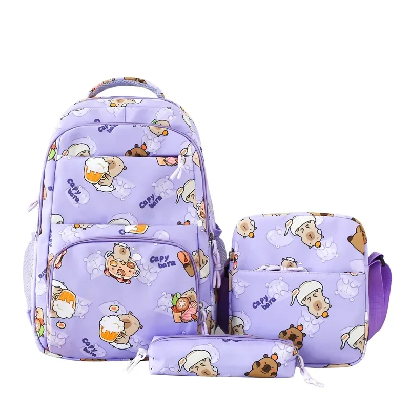 Student Three-piece Set Capybara Schoolbag Girls Large Capacity Casual Backpack Boy Color Blocking Multi Layer Children Backpack