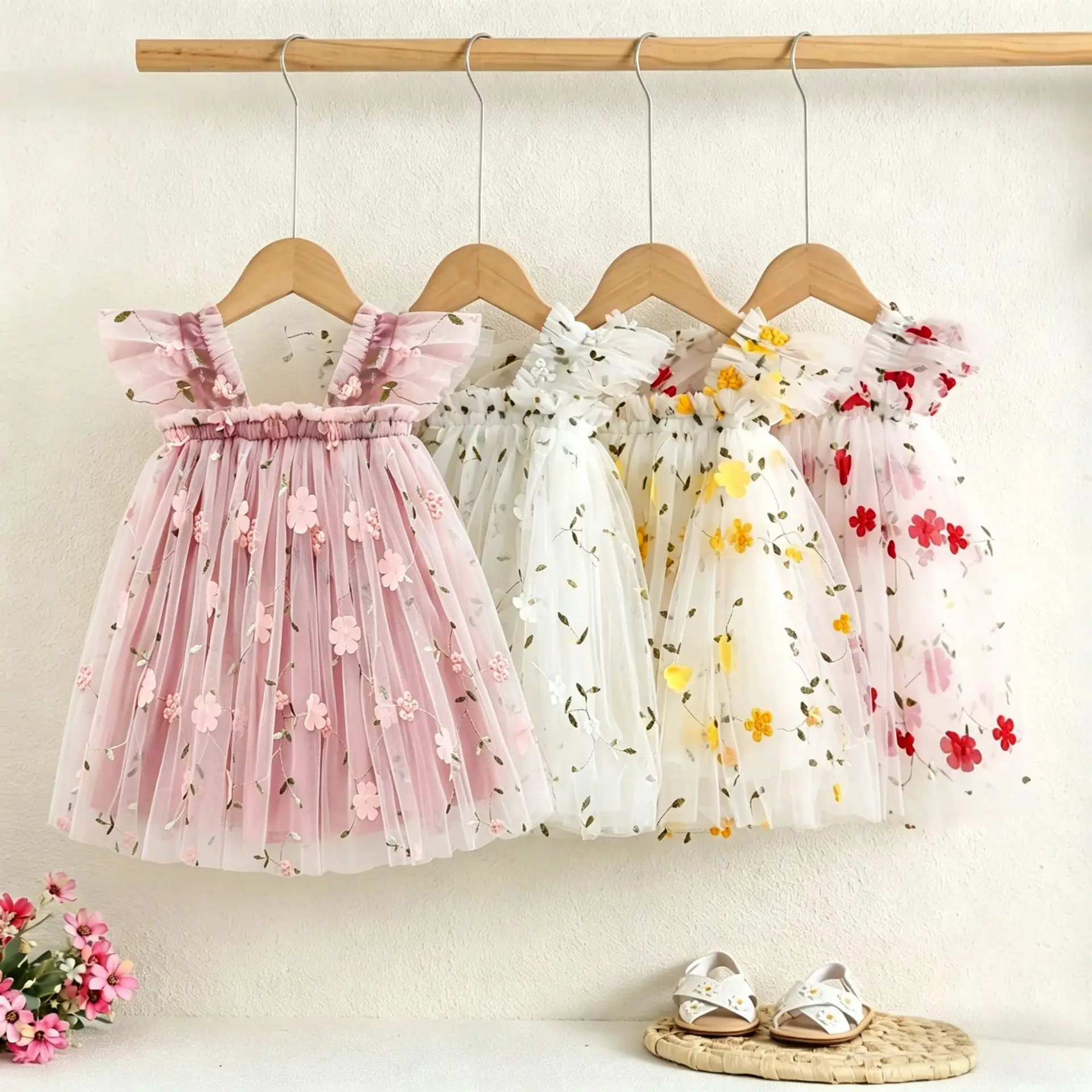 

New Summer Kids Girl Dress Sleeveless Tulle Dress with 3D Flower Tutu Adorable Wedding Children Daily Wear Baby Princess Dresses