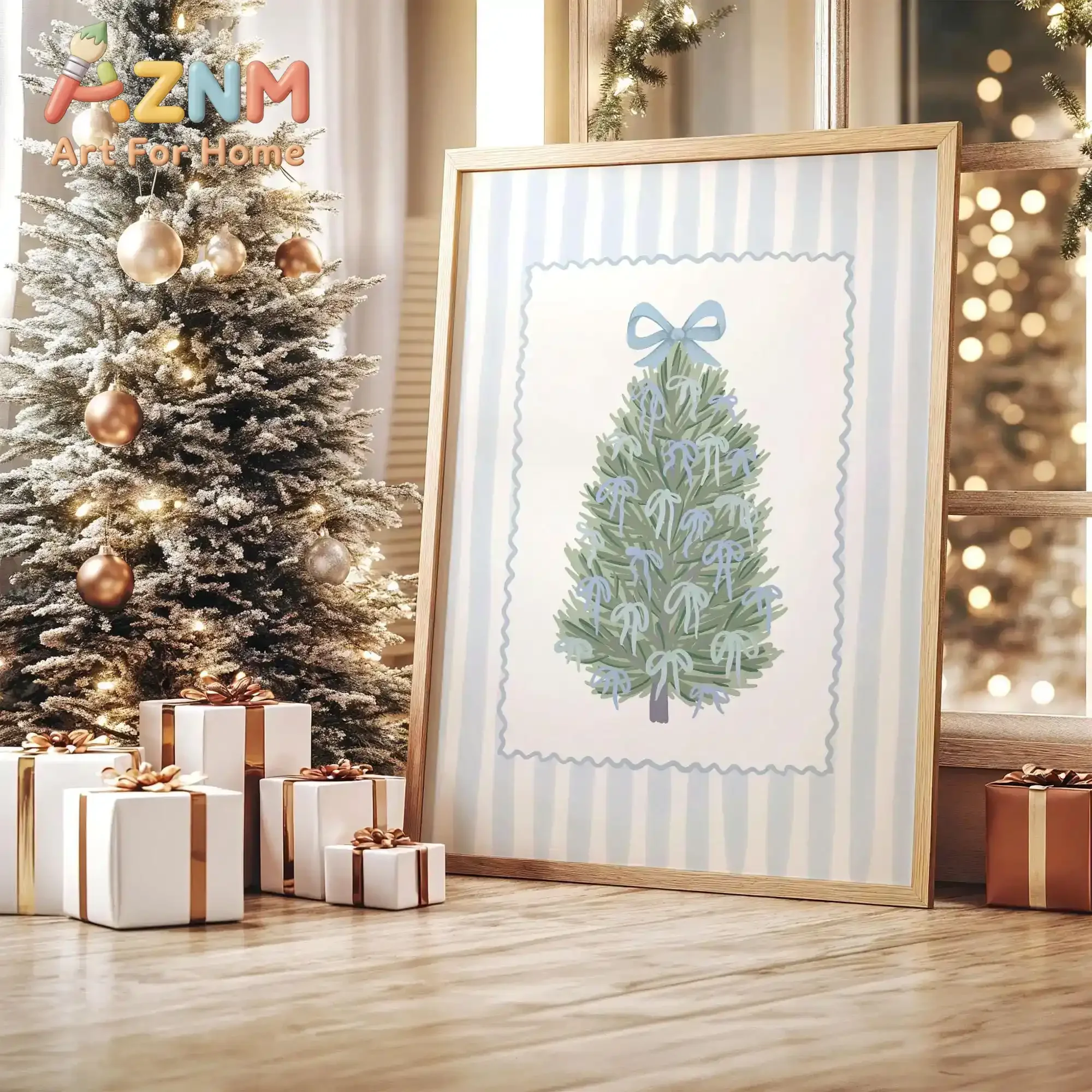Modern Cozy Christmas Wall Art Poster - Unframed Preppy Blue Bows Christmas Tree Canvas Prints for Living Room and Bedroom Decor
