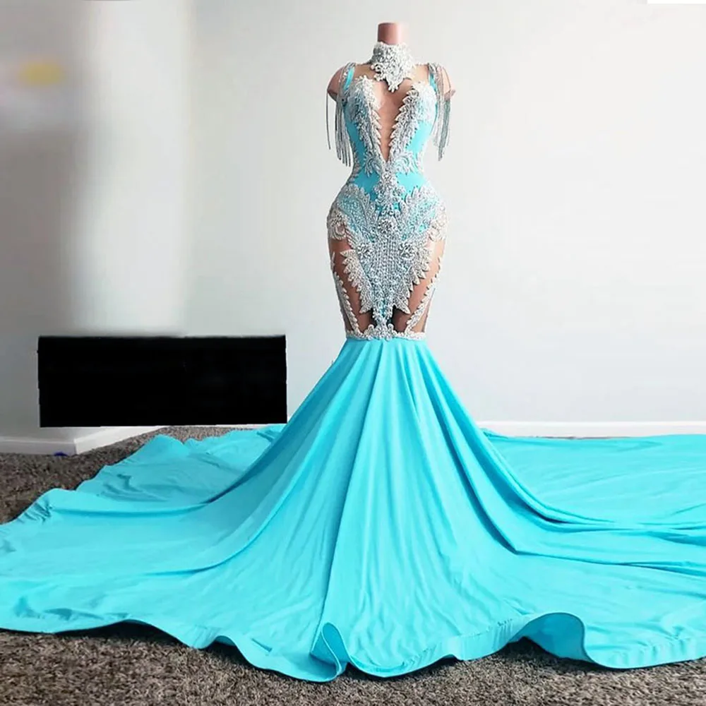 

Baby Blue Sexy See Through Mermaid Lace Appliques Beads Tassels Cap Sleeve Evening Gowns Formal Party Prom Dresses