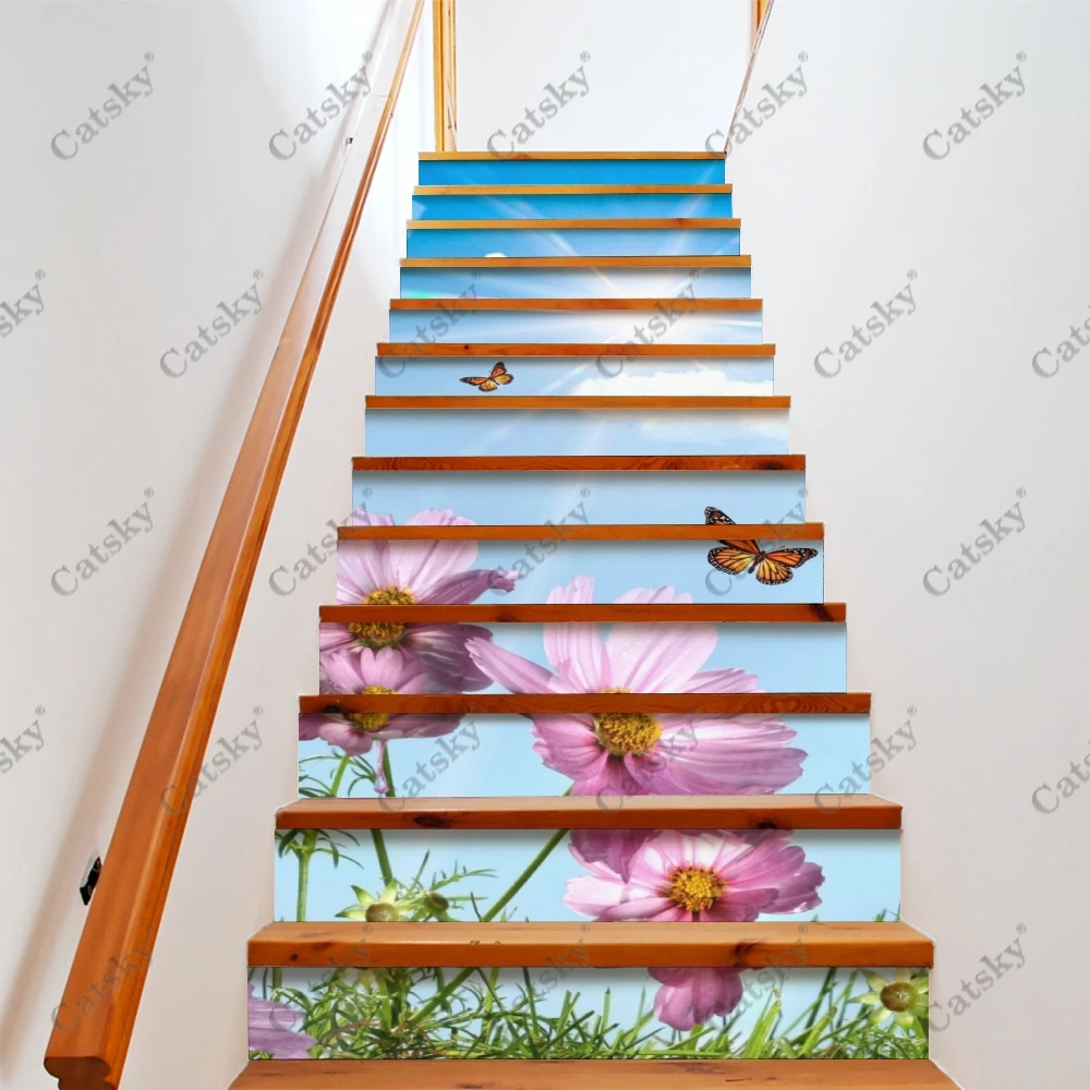 Pink Flower Family Stair Sticker Decoration Self Adhesive Staircase Sticker for Stairway Covering PVC Renovation Staircase Tread