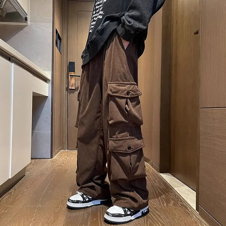 American retro multi pocket work pants for men in spring and autumn vintage fashion brands niche loose corduroy wide leg pants