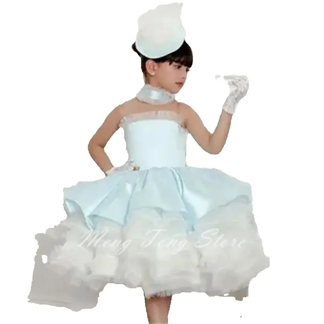 Blue Satin Puffy Flower Girl Dresses For Wedding Tulle Elegant Knee Length Kids Birthday Party Prom Dress Ball Gowns 2024