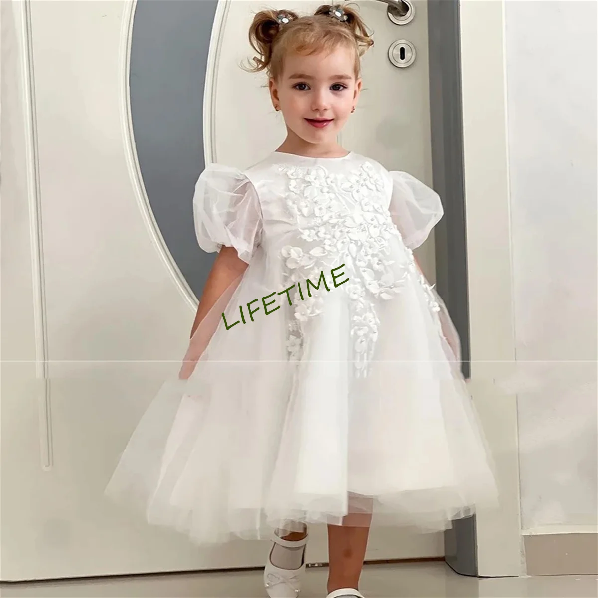 Vestido de mangas inchadas, princesa pérolas, apliques de beading, vestido de festa infantil, vestido de primeira comunhão, lindo, 2024