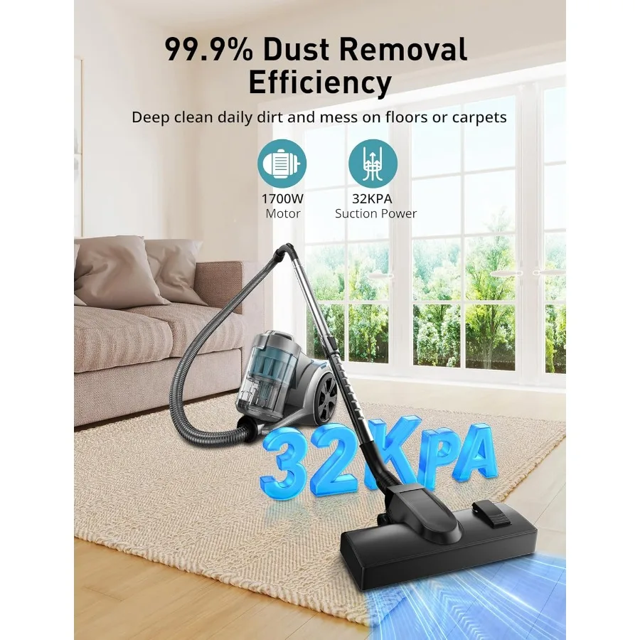 1700W 캐니스터 진공 청소기, 32Kpa 흡입력, 백리스 디자인, 멀티사이클론 필터 및 이중 항알레르기 기능 탑재