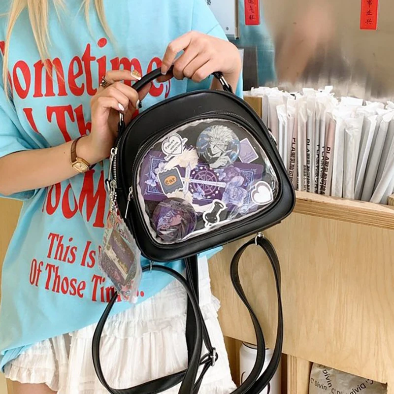 

HAEX Harajuku Women Ita Bags 2025 PU Clear Window DIY Badge Subculture Backpacks Small Capacity Crossbody Shoulder Bolso Mujer