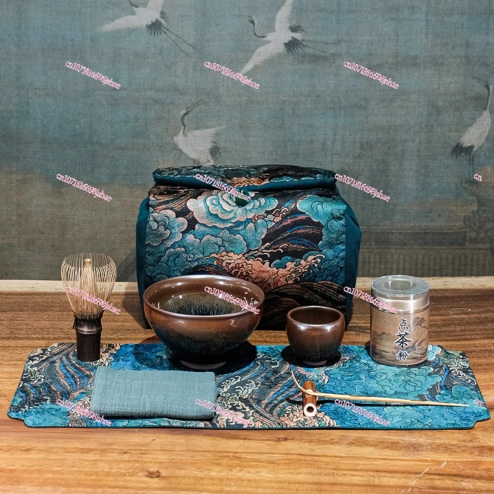 Song Yan | Song-style Tea-ordering Satin Portable Bag Set, Rabbit Hair Jianzhan, Song Tea Powder Tea, Baiqi Tea