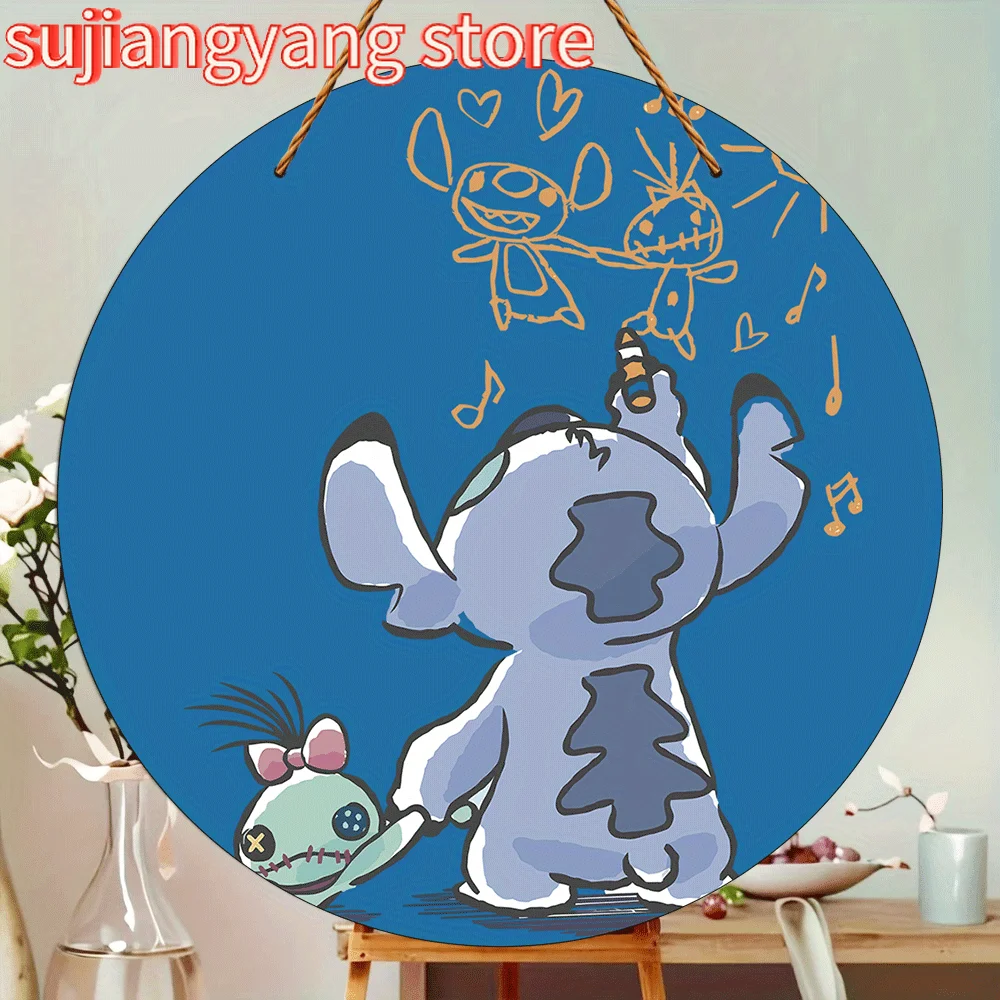 مسطح ثنائي الأبعاد - ديكور منزلي ثنائي الأبعاد قطعة واحدة 2D 7.87*7.87 بوصة لوحة باب خشبية مستديرة معلقة - طباعة فنية مستوحاة من Lilo & Stitch، طراز حديث De