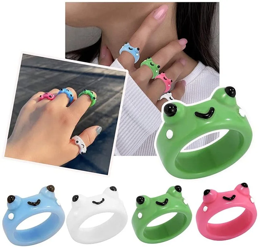 Colorful Frog Ring Polymer Clay Resin Rings for Girls Animal Jewelry for Women Cute Funny Smile Face Rings Fashion Jewelry Gifts