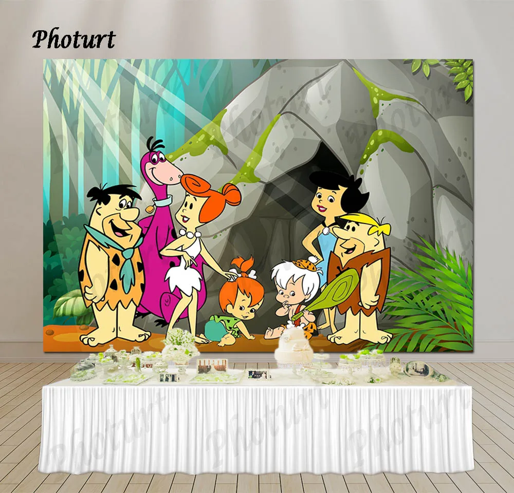 PHOTURT Flintstones Photography Backdrop Kids Birthday Baby Shower Photo Background Blue Sky Green Polyester Vinyl Booth Props