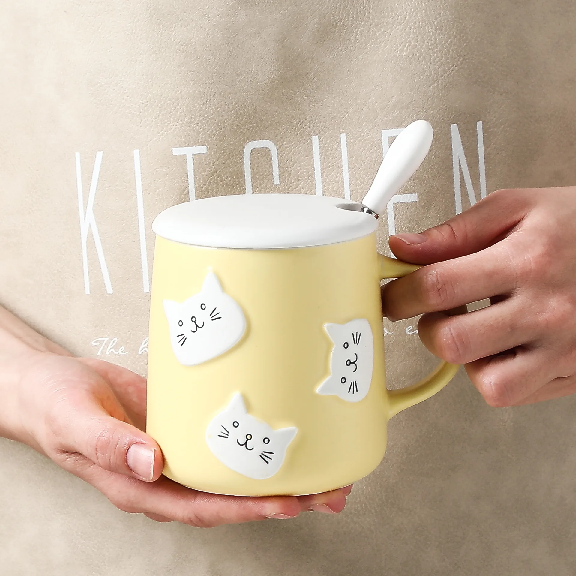 Creative Cartoon Relief Cat Ceramic Cup Mug Office Home Practical Gift Student Couple Mug with Lid Spoon