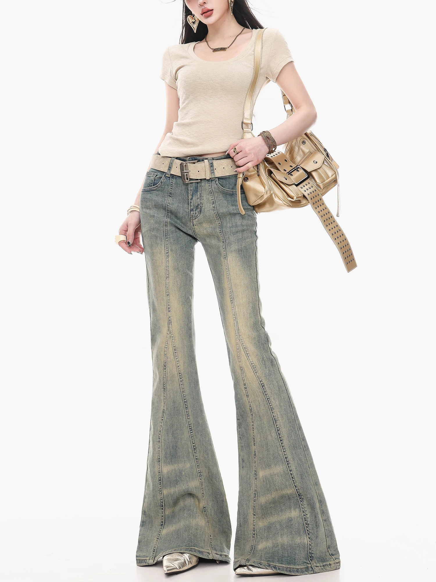 

Оригинальные джинсы ABWLR Sweet Heart Waed Bell Bot для женщин, облегающие, в ретро-американском стиле, джинсовые брюки с высокой талией и застежкой на пуговицах