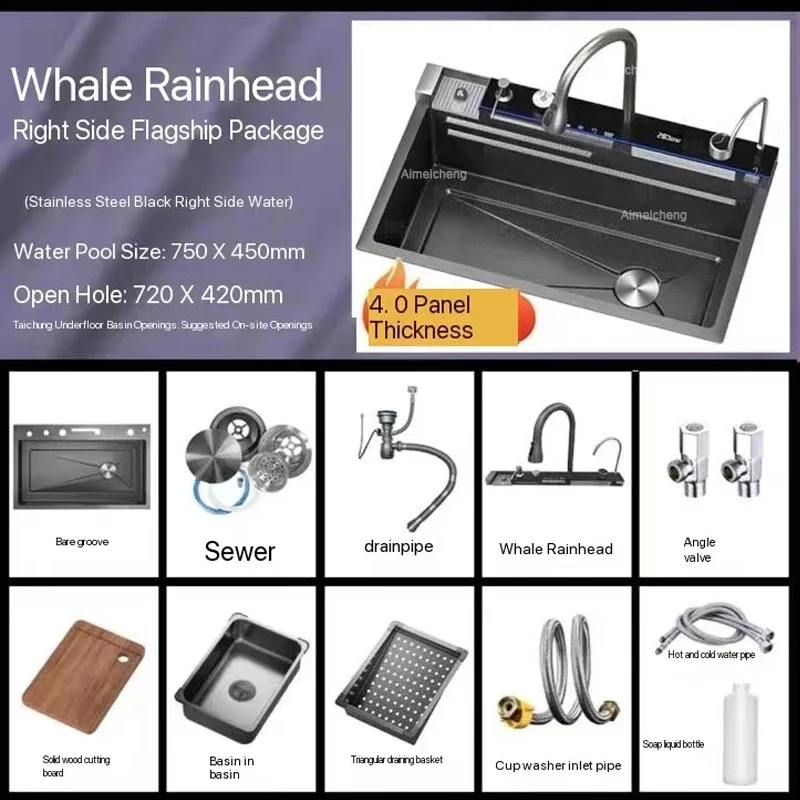 Waterfall Sink Kitchen Stainless Steel Topmount Sink Large Single Slot Wash Basin With Multifunction Touch Waterfall Faucet