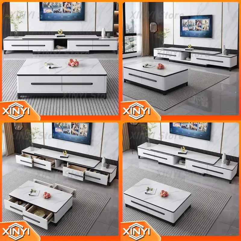 Modern Luxury TV Unit Table Top for Sintered Stone TV Cabinet Coffee Table Set Combination with Retractable Center Table