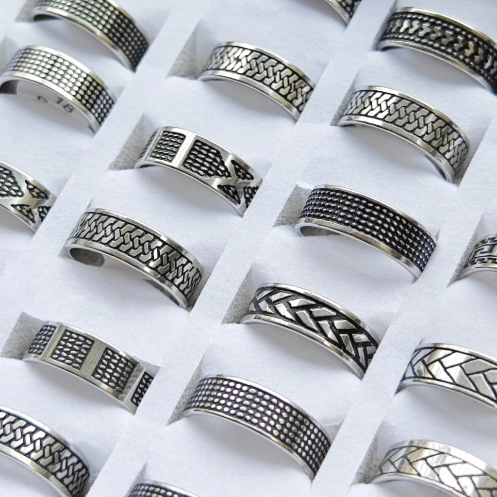 Wholesale 35pcs Fashion Punk Stainless Steel Rings Mix Design Men 7mm Punk Gothic Classic Wedding Party Gift Finger Jewelry