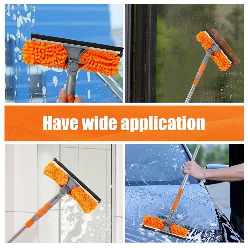 Extended Window Cleaning Kit 2 in 1 Double Sided Glass Squeegee Cleaner Duster Mop 180° Swivel Window Glass Cleaning Tools