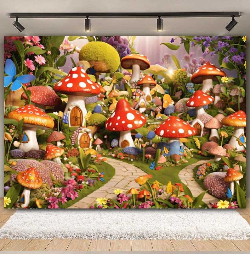 Fairy Tale Enchanted Forest Backdrop Dreamy Mushroom Jungle Wonderland Baby Birthday Party Photography Background Photo Studio