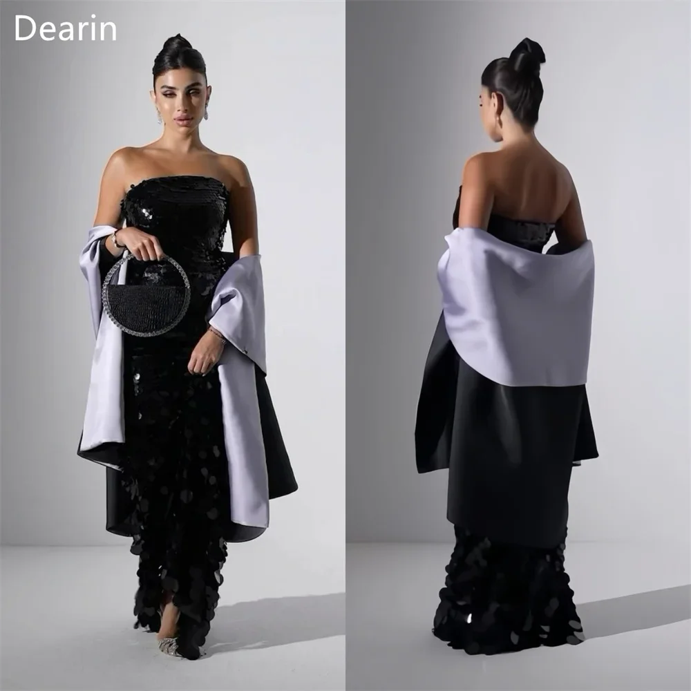 Customized Prom Gown Dearin Strapless Column Floor Length Skirts Sequin Sleeveless Stole Bespoke Occasion Dresses Saudi Arabia E