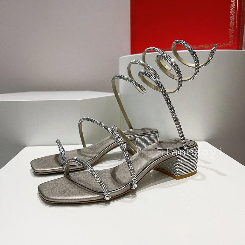 Sandalias de tacón alto con punta cuadrada para mujer, zapatos de fiesta con hilo de serpiente en el tobillo de cristal brillante, tacones gruesos, Sandalias de gladiador